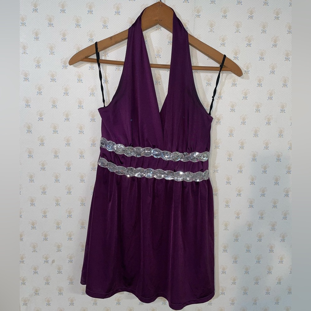 Charlotte Russe Purple Sequin Waist accent Halter Tunic Top